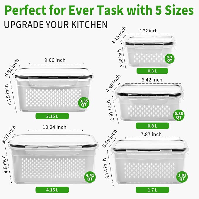 PRAKI Fruit Storage Containers for Fridge with Removable Colander, 5-Pack | 4 in 1 Food Storage Containers, Produce Saver for Refrigerator Keep Fruits, Berry Fresh Longer, Multiple Sizes, BPA-Free - Image 3