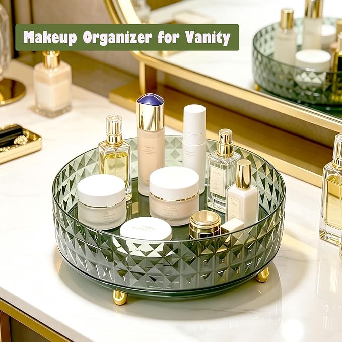 Makeup Perfume Organizer, 9 Inch /23cm 360 Degree Rotating Skincare Organizer, Cosmetics Organizer for Dresser Bathroom Bedroom Countertop Kitchen Pantry Cabinet Vanity Tray Refrigerator, Dark Green - Image 3