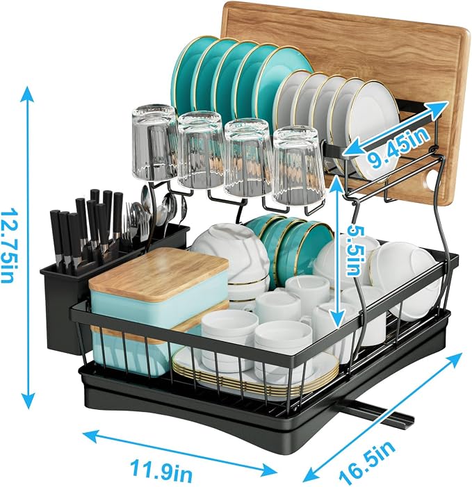 7 code 2-Tier Large Dish Drying Rack for Kitchen Counter, Black | Detachable Large Capacity Dish Drainer Organizer with Auto Drain, Anti-Rust Dish Rack with Cup & Utensil Holders - Image 3