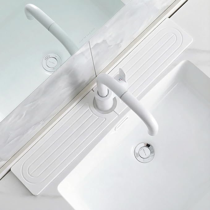 Diatomite Faucet Mat for Kitchen Sink, Quick-Dry Stone-Like Sink Mat, Flat Lay Absorbent Countertop Drying Mat for Faucet Area, Hard Diatomite Mat, White, 23.6 x 4 in by SUXLINA