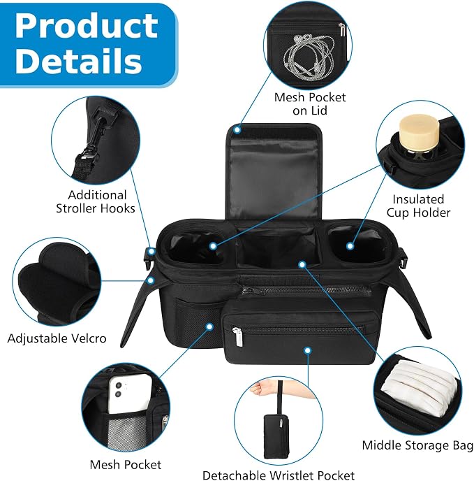 Accmor Universal Stroller Organizer with Insulated Cup Holder Detachable Phone Bag and Shoulder Strap,Stroller Bag Caddy Organizer for Uppababy, Baby Jogger, Britax Strollers - Image 4