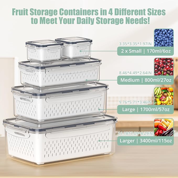Anysig 5 Pack Fridge Fruit Storage Containers with Colander & Handle Lids | Airtight Fruit Containers for Fridge, Refrigerator Organizers and Storage, Dishwasher Safe, Keep Berry Fruit Fresh Longer - Image 2