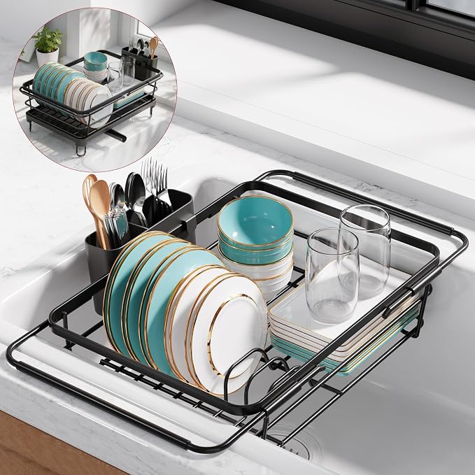 Sakugi Dish Drying Rack in Sink - Expandable Stainless Steel Dish Rack Over The Sink, Kitchen Sink Drain Strainer with Cutlery Holder & Cup Holders, 15.2 x 10.0 x 4.2 Inch, Black - Image 9