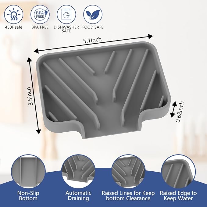 JACZZO Silicone Soap Dish for Shower and Bathroom - Small Bar Soap Holder with Self Draining Spout - Non-Slip Sink Tray Organizer for Kitchen Counter and Narrow Ledge, Gray (3.5" x 5") - Image 2