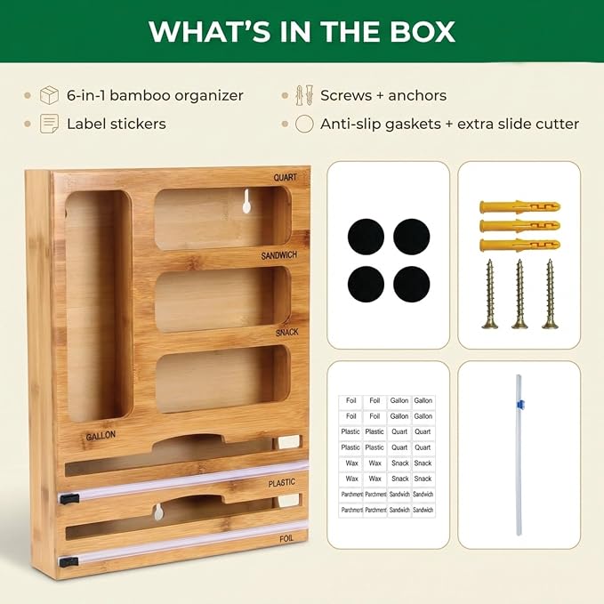 Bag Storage Organizer for Kitchen Drawer and Plastic Wrap Dispenser with Cutter, 6 In 1 Large Capacity Bamboo Foil and Plastic Bag Food Baggie Organizer for Snack, Sandwich, Gallon, Quart - Image 6