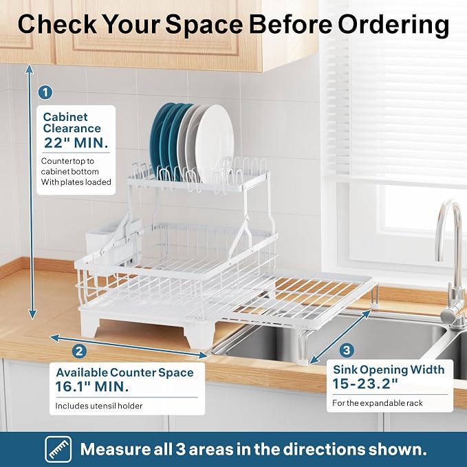 Large Expandable 2 Tier Dish Drying Rack - Over Sink & Counter Use | Extendable Drying Space, Auto-Drain Spout, Stable Screw-Fixed Frame, Cup & Utensil Holder, Rust-Resistant Kitchen Rack, White - Image 7