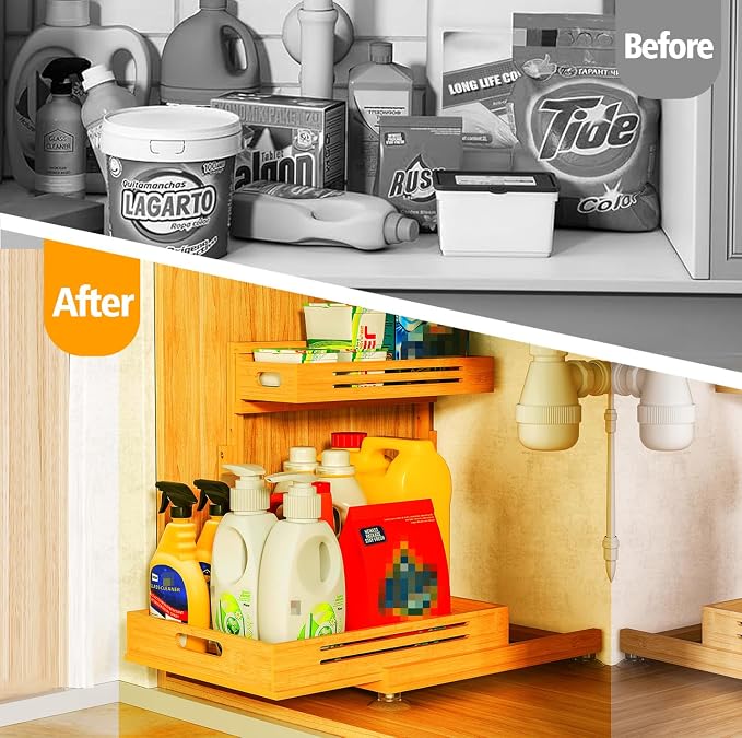 Under Sink Organizer, Premium Bamboo Wood Pull Out Cabinet Organizer, 2 Tier Slide Out Sink Shelf Cabinet Storage Shelves, Under Sink Storage for Kitchen Bathroom Cabinet - Image 5
