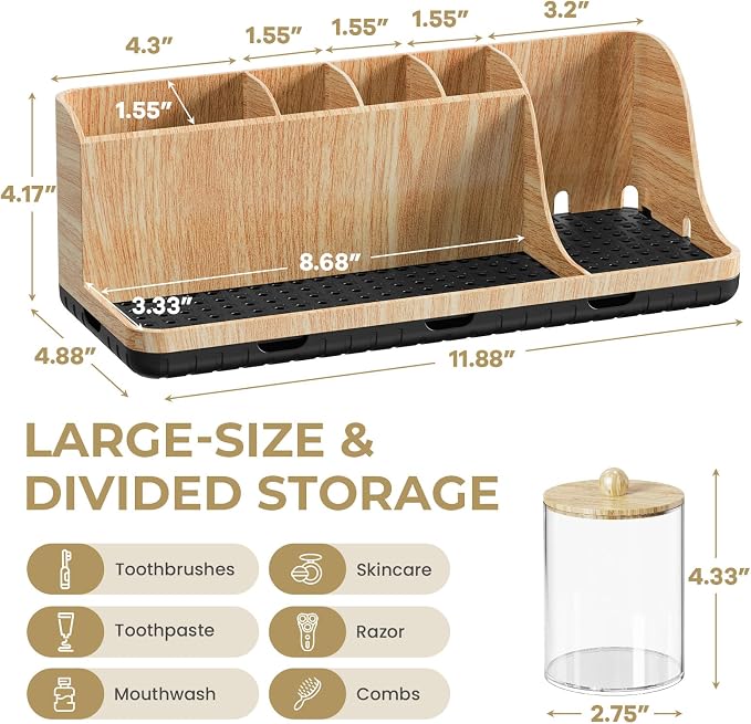 Bathrooms Toothbrush Holder Set with 3 PCS Qtip Holder (Wood Grain) | Easy to clean, Drainage, Detachable, Non-Slip, Kids Electric Toothbrush and Toothpaste Holder for Bathroom Counter Organizer - Image 5