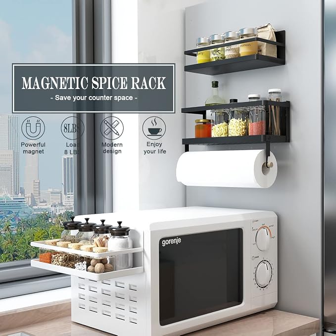 Magnetic Paper Towel Holder, 2-in-1 Magnetic Spice Rack with Hooks,Wall Mount Shelf Towel Rack for Refrigerator (Black, With hook) - Image 6