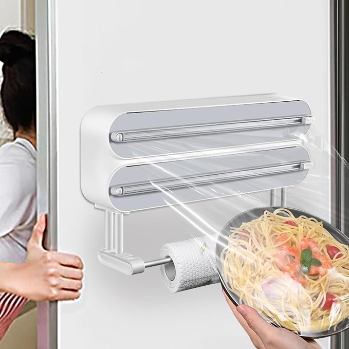 AUSTUFF 3 in 1 Plastic Wrap Dispenser with Cutter Magnetic Aluminum Foil | Wall Mount Kitchen Wrap Organizer, Cling Wrap Dispenser with Paper Towel Holder and Cutter - Image 7