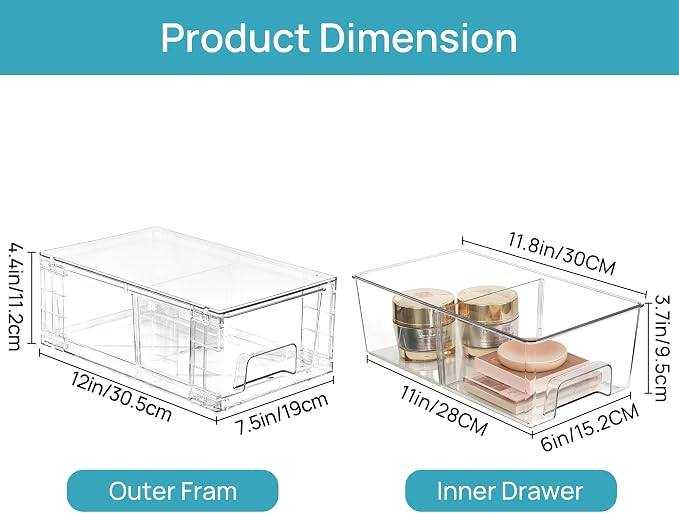 Vtopmart 6 Pack Stackable Storage Drawers,Clear Acrylic Drawer Organizers with Handles, Easily Assemble Containers for Fridge, Bathroom,Kitchen Undersink,Cabinet,Pantry Organization and Storage | Clear Drawer Organizers with Removable Dividers for Flex... - Image 3