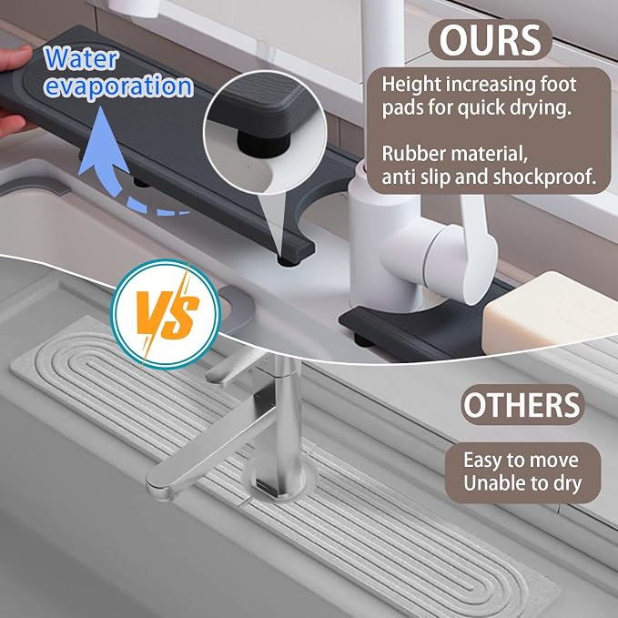 Fast Drying Faucet Mat for Kitchen Sink, Water Absorbent Diatomite Stone Sink Tray with Raised Feet, Kitchen Sink Splash Guard, Prevents Moisture Buildup, Durable Protector for Bathroom Counter - Image 8