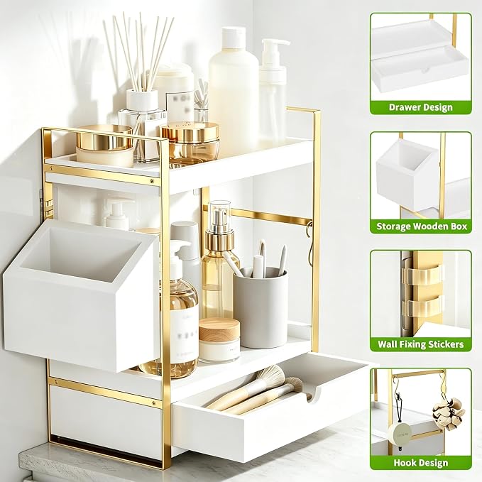 2-Tier Bathroom Counter Organizer, Wooden Vanity Shelf with Drawer & Basket | Pre-Drilled Holes, Skincare & Makeup Countertop Organizer and storage, White-gold - Image 3