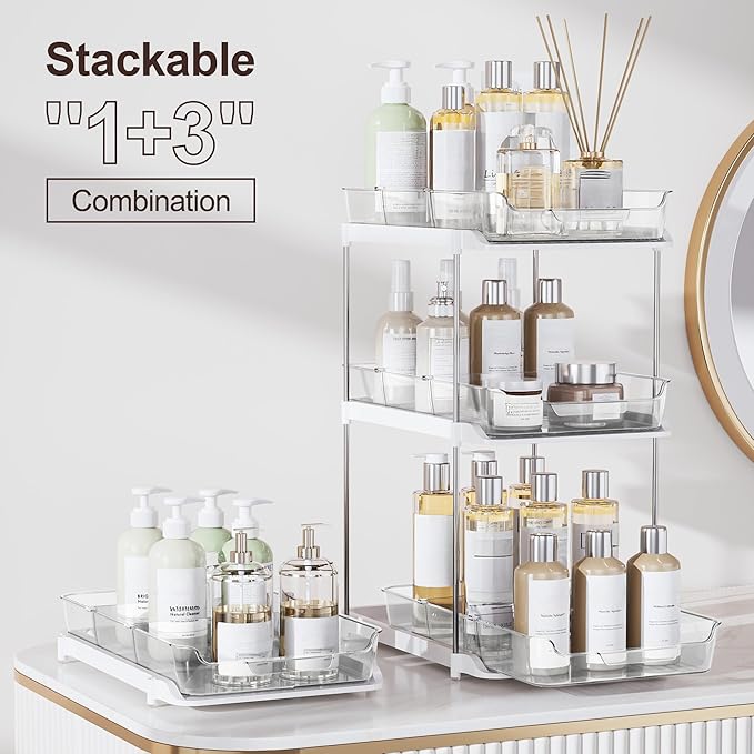 Delamu 2-Tier Multi-Purpose Bathroom Under Sink Organizers and Storage, Stackable Kitchen Pantry Organization, Pull Out Medicine Cabinet Organizer with Movable Dividers, White, 2 Pack - Image 3