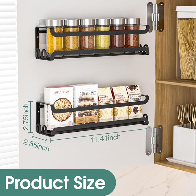 LUCYCAZ 4 Pack Wall Mounted Spice Rack for Kitchen Cabinet,RV,Camper,Black | 16 Metal Hooks, Space-Saving,Screw or Adhesive Spice Shelf Hanging,for Pantry Door Spice Jars & Seasonings,11.41×2.75×2.36in - Image 3