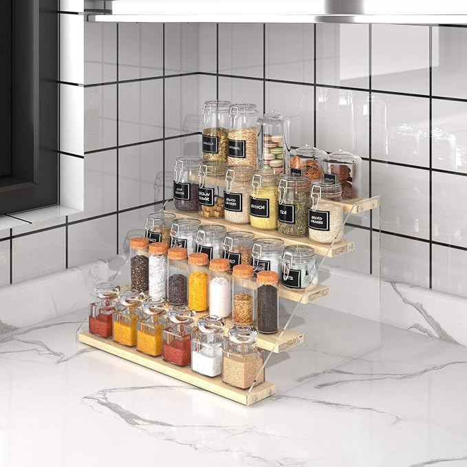 VAEHOLD Spice Rack Organizer for Cabinet & Countertop - Seasoning Organizer Spice Shelf - Space Saving Wooden Display Risers Shelf Showcase Fixtures Jewelry (5 Tier) (Pack of 2) - Image 4