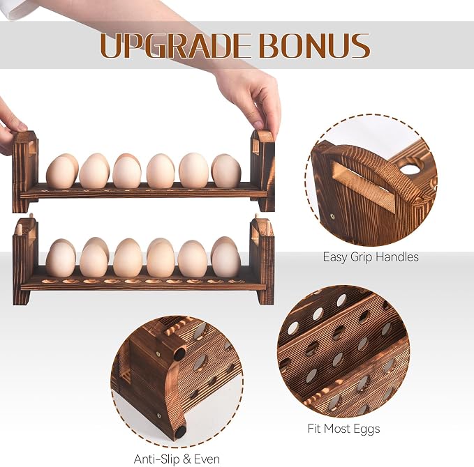 Wooden Egg Holder 2 Layer Rack Holders Countertop Stackable Quail Egg Sorter Storage Trays Organizer Display Stand Kitchen Rack Fits Duck, Turkey, Chicken Eggs,up to 36 Eggs, 2 Tier-Brown - Image 5
