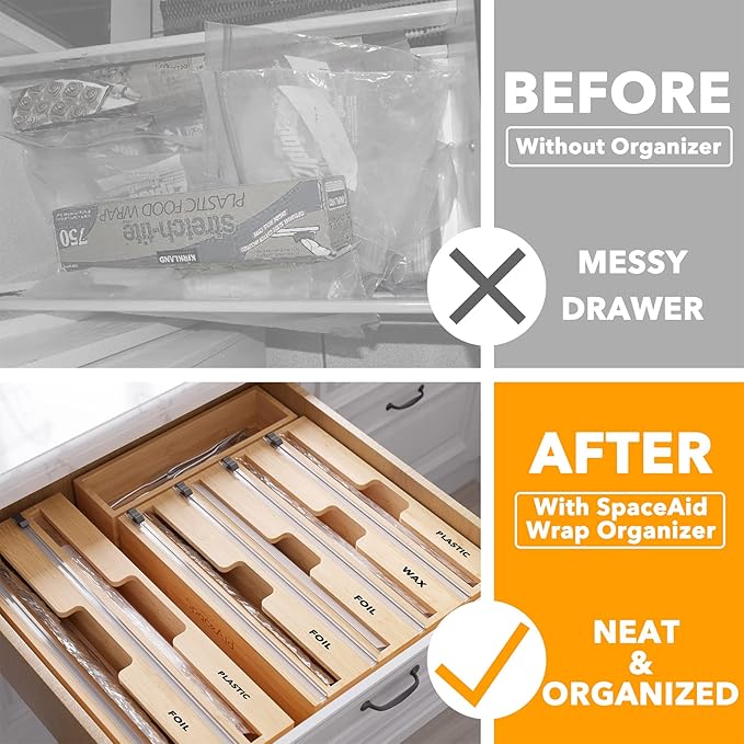 SpaceAid WrapNeat 4 in 1 Wrap Dispenser with Cutter and Labels, Plastic Wrap, Aluminum Foil and Wax Paper Dispenser for Kitchen Drawer, Bamboo Roll Organizer Holder, Compatible with 12" Roll - Image 3