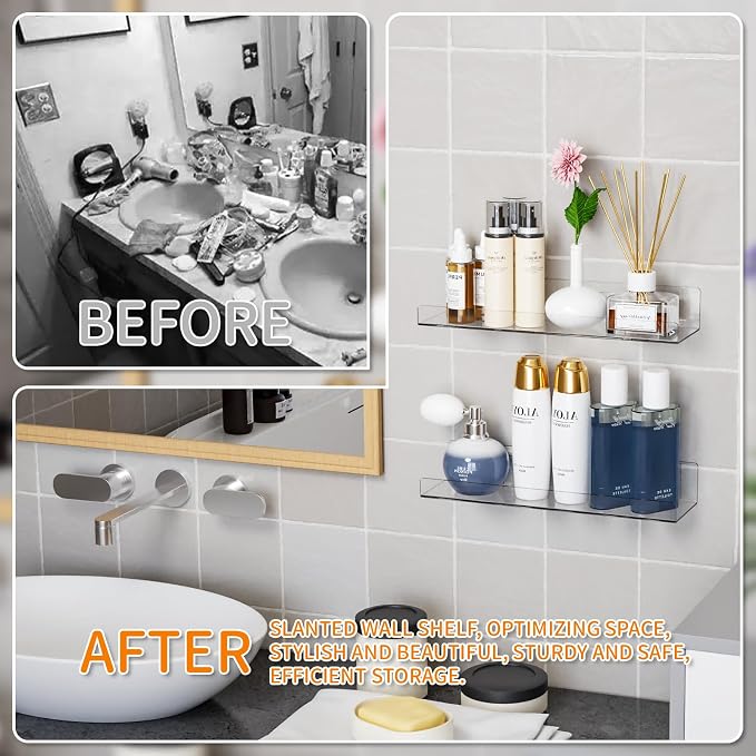 2 Pack Acrylic Shelves for Wall Storage,No Drilling Adhesive Shelves,Clear Stick On Bathroom Wall Shelf Organizers,Plastic Floating Shelves for Perfume,Funko,Lego,Makeup,Book Shelf for Kids - Image 5
