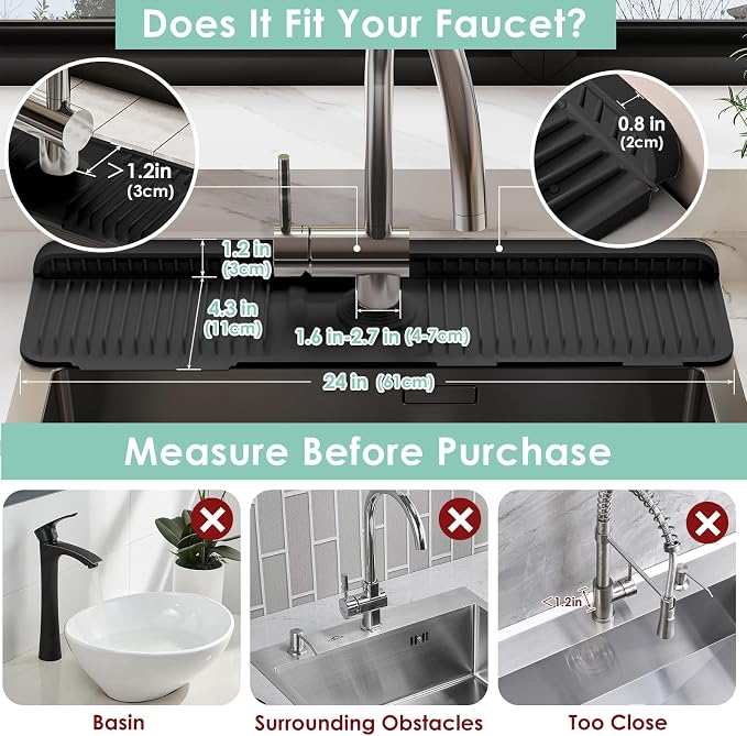 24-Inch Silicone Faucet Mat for Kitchen Sink Splash Guard, 7° Slope | 24"x5.5" water draining mat with fasten button; 1.6-2.75" customizable hole for bathroom, RV & kitchen sink drip catcher. - Image 2