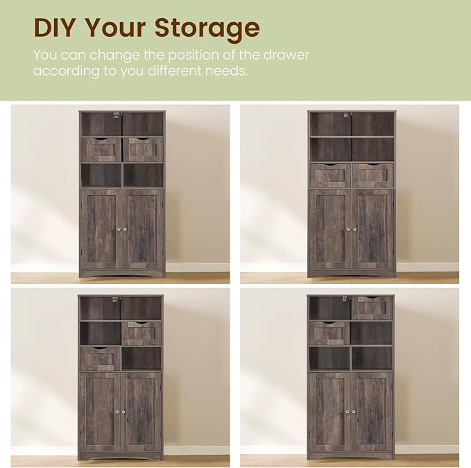 Iwell Tall Storage Cabinet with 2 Drawers & Adjustable Shelf, Bathroom Cabinet with Doors, Kitchen Pantry Storage Cabinets, Cupboard for Living Room, Dining Room, Entryway, Rustic Gray - Image 5