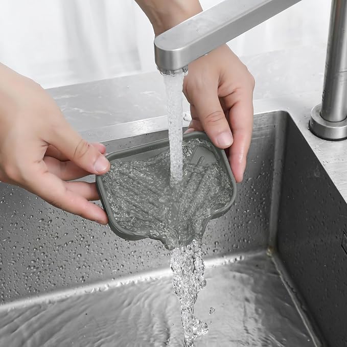 MicoYang Silicone Soap Dish with Drain Spout, Self-Draining Sink Organizer Tray for Bathroom and Kitchen, Sponges, Dispensers and Soap Holder, Non-Slip and Dishwasher Safe, Grey (Compact, 4.9"×3.2") - Image 9