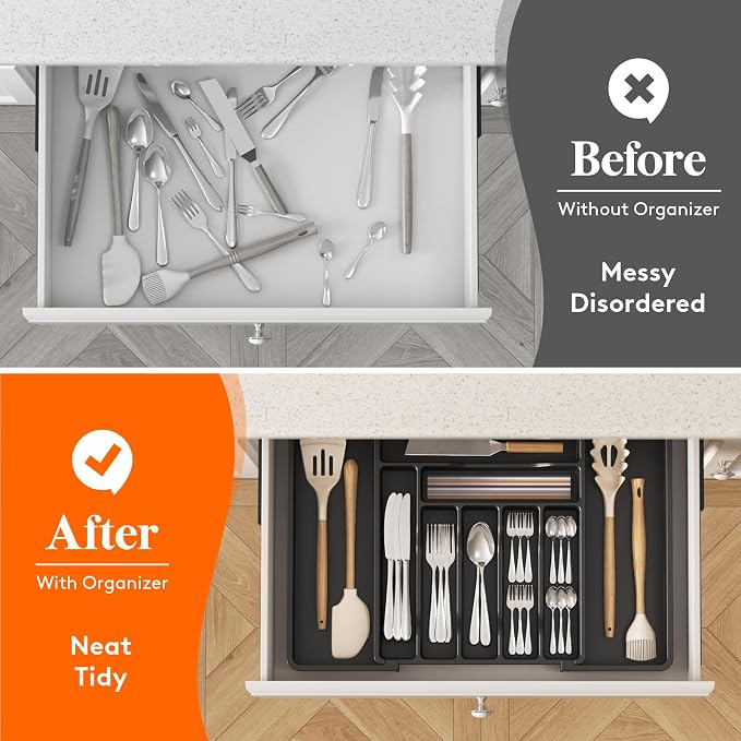 Lifewit Utensil Organizer for Kitchen Drawer, Expandable Cooking Silverware Tray, Adjustable Cutlery Flatware Holder, Plastic Spatula Tools Storage Divider, 13-22.4 x 15", Black - Image 8