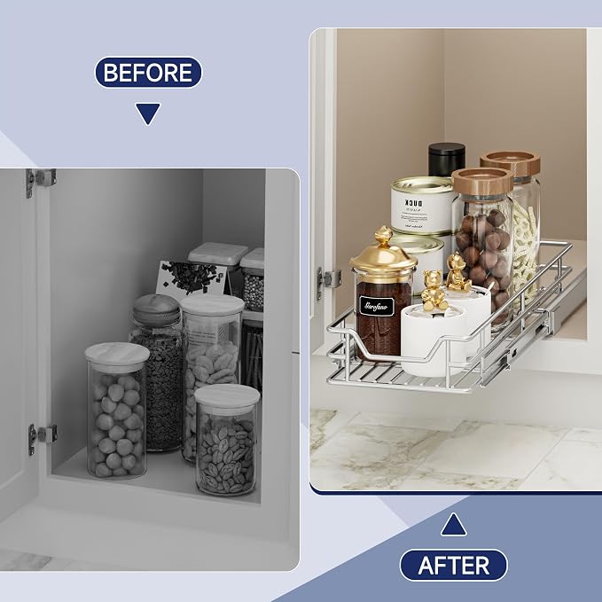 Pull Out Cabinet Organizer, 5.5" W x 21.5" D, Heavy Duty Chrome Slide Out Shelf for Narrow Base Cabinets, Sliding Wire Basket Drawer for Spices, Bottles, Snacks & Cleaning Supplies - Image 8