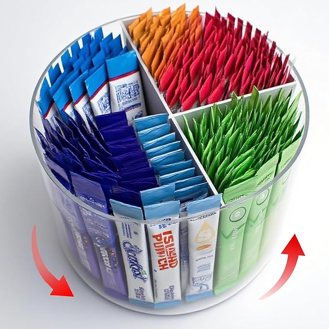 360° Spinning Drink Packet Organizer, Clear BPA-Free Plastic 4-Section Clear Storage for Coffee, Sugar & Drink Mixes | Stackable Kitchen & Pantry Container by TIMVIEA