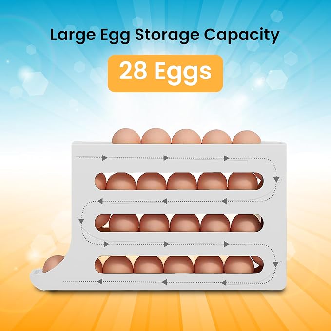 ZAYLAN Auto-Rolling Egg Holder for Fridge – 4-Tier Space-Saving Dispenser Holds 28 Eggs, White Organizer with FREE Flower Egg Cutter - Image 4