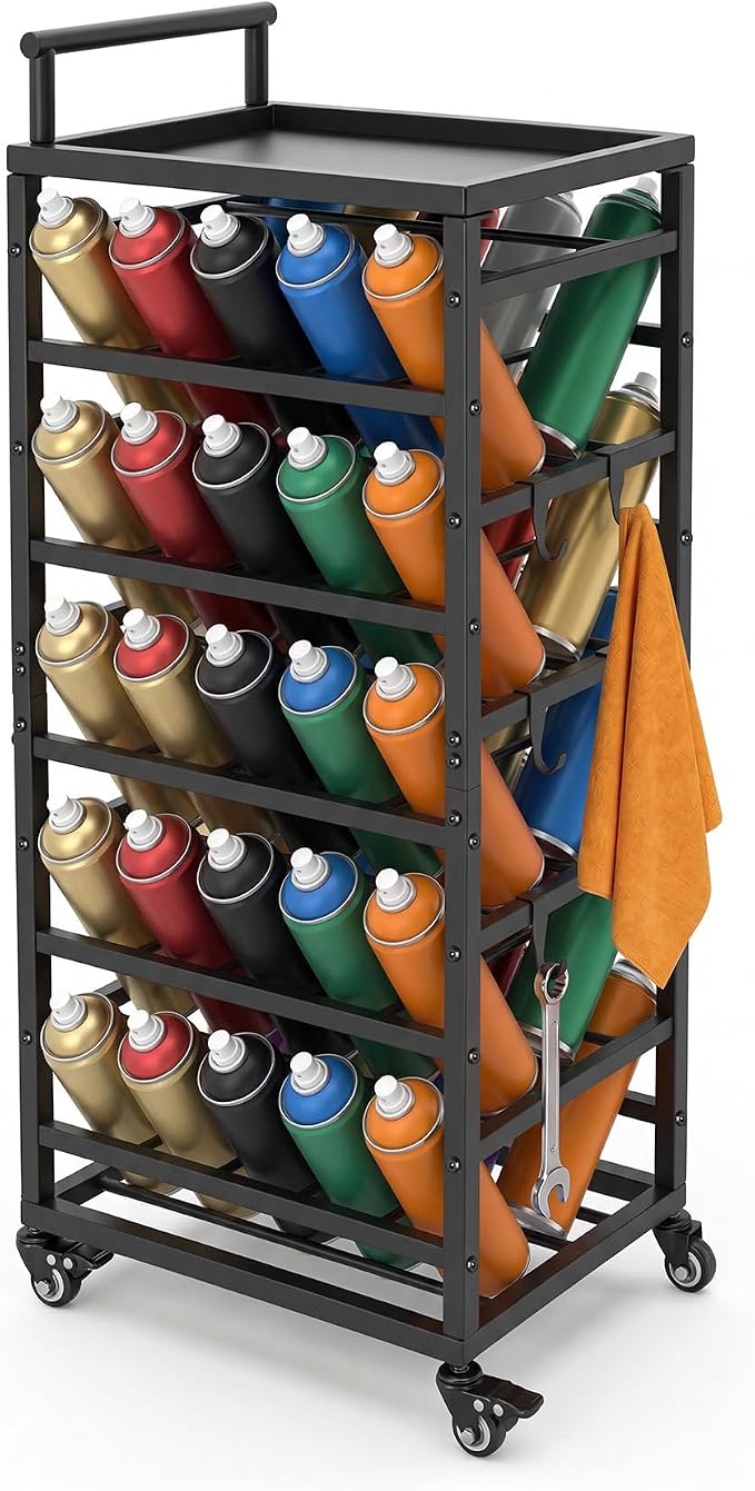 Sidasu Spray Can Organizer,Rolling Cart Garage Spray Paint Storage Rack | 50-Can Capacity, Double-Sided Storage, Locking Casters, Powder-Coated Steel, Tool Tray With 6 Hooks, Garage and Workshop Use by Sidasu