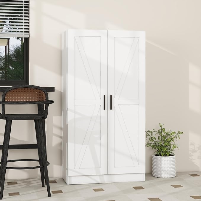 Wooden Storage Cabinet, Collection Food Pantry Narrow Cabinet Free Standing with 2 Doors and 3 Shelves Tool Cabinet, for Kitchens, Living Room, Utility Rooms (White) - Image 2