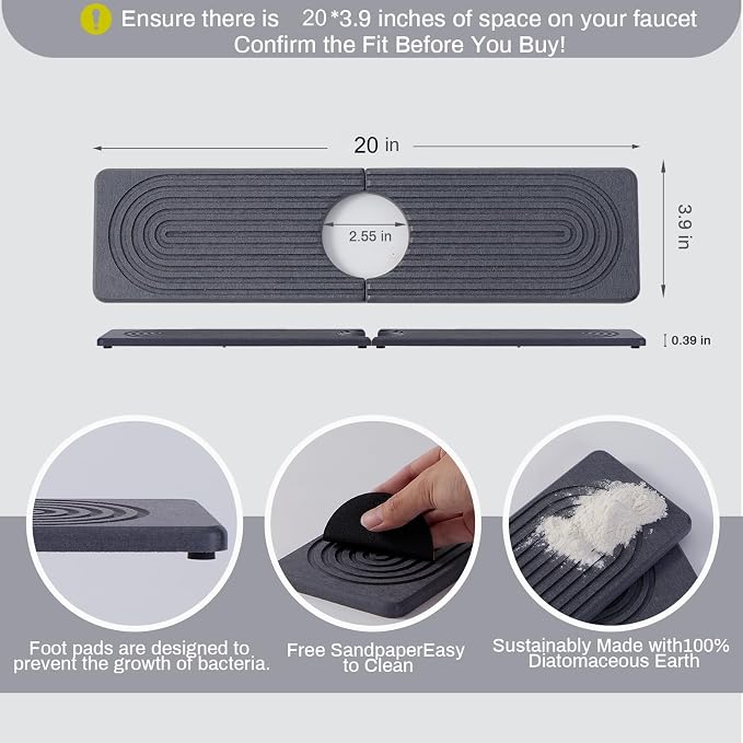 20in Fast Drying Stone Faucet Mat for Kitchen Sink splash guard Diatomite | Sink Splash Guard Water Absorbing Stone Tray for Sink, Counter Protector Matt for Kitchen & Bathroom - Image 2