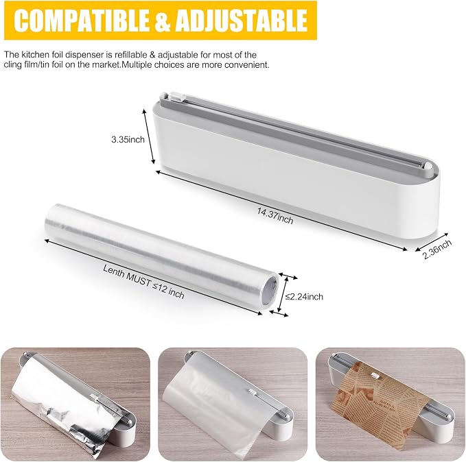 Aluminum Foil & Plastic Wrap Dispenser with Slide Cutter - Magnetic & No-Drill Wall Mount, Cling Film Dispenser for Worktops & Cabinets, Space-Saving Kitchen Organizer - Fits 12" Rolls, White - Image 4
