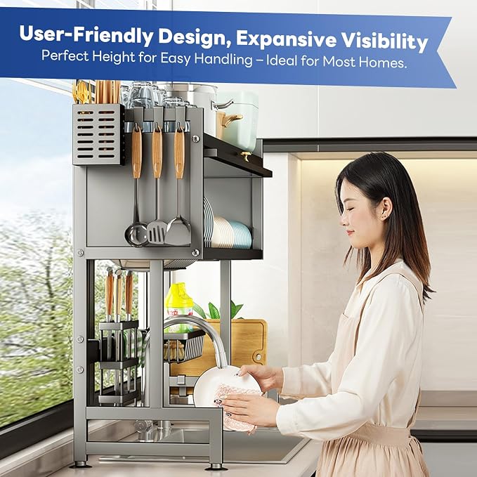 Hdrriozu Over the Sink Dish Drainer Drying Rack 3 Tier with Cover | Rust resistant built to last. Easy install simple tools. Holds all dishes glasses bowls. Space saving over sink tidy kitchen. - Image 3