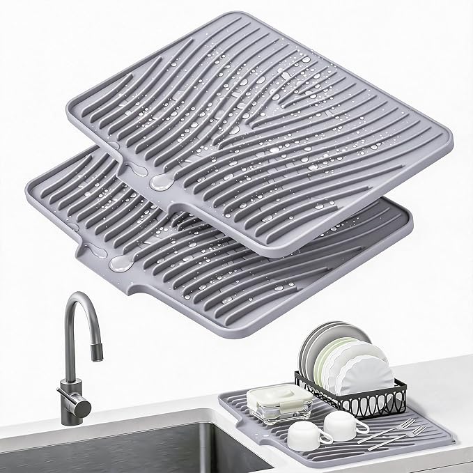 TIKNIK Silicone Dish Drying Mat for Kitchen Counter, Grey-2pcs, 20" x 15" | Heat Resistant & Non-Slip Dish Drain Pad with Built-In Drain, Dishwasher Safe, Quick-Dry, Hangable & Roll-Up for Storage by TIKNIKHomeOutdoor