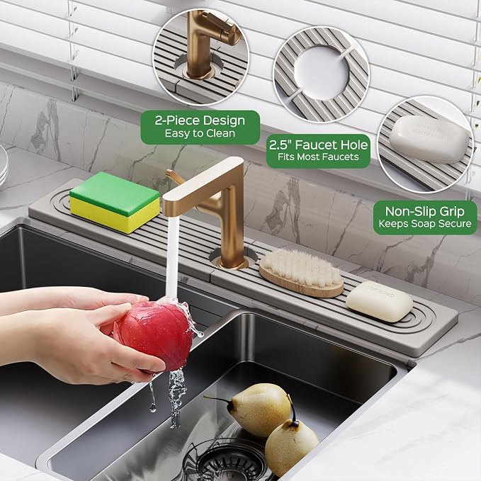 23.6 Inch Stone Faucet Mat for Kitchen Sink Splash Guard - Diatomite Quick Dry Stone Mat Kitchen Sink Protectors, Water-Absorbent Faucet Handle Drip Tray (Gray, 23.6" x 3.9") - Image 4
