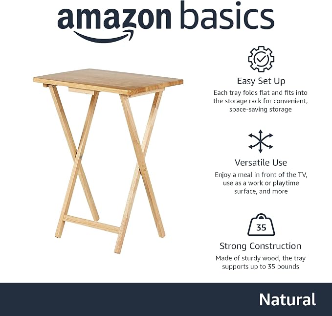 Amazon Basics Classic Foldable TV Dinner Tray Table with Storage Rack, 14.6 L x 19 W x 26 H inch, Natutral, 4-Pack - Image 2