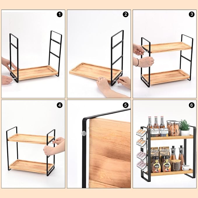 Coffee Station Organizer for Counter,Condiment Storage Caddy for Kitchen,2 Tier Wooden Shelf for Coffee Bar Accessories,Coffee Bar Organizer for Kitchen, Home, Office-Brown - Image 10