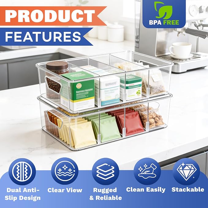 Stackable 4-Compartment Pantry Organizers and Storage, Clear Plastic Storage Bins with Removable Dividers Suitable for Pantry, Office, Kitchen, Cabinet & Fridge Organization, 2-Pack - Image 5