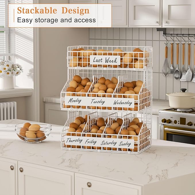 keomaisyto Egg Holder Countertop with 5 Dividers & DIY Nameplate | 3 Tier Stackable Wire Storage Baskets for Gathering Fresh Eggs, Wall-Mounted XXL Egg Rack, White (Patent Pending) - Image 7