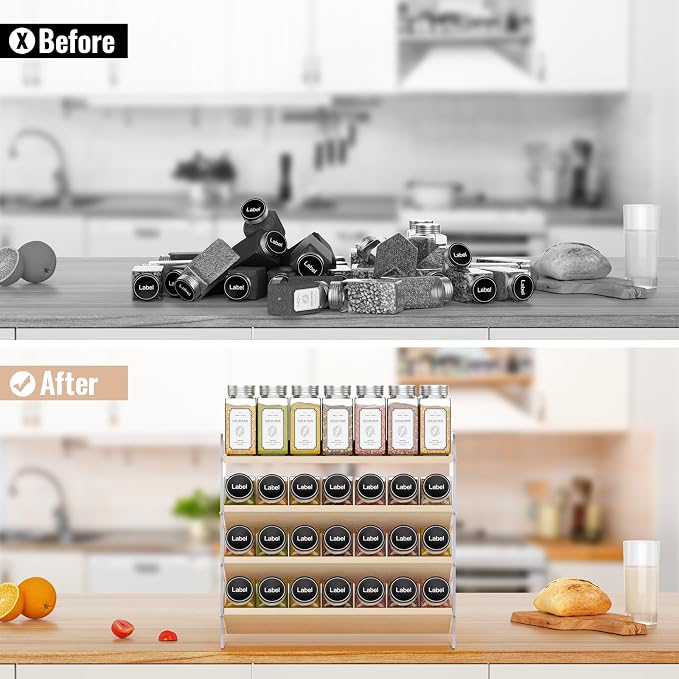 MUDEELA 4 Tiered Spice Rack Organizer for Cabinet, (No Jars Included) | Clear Vertical Spice Shelf, Wooden Seasoning Organizer for Countertop, Kitchen, Pantry, Freestanding, 13.3" W × 11.2" H - Image 4