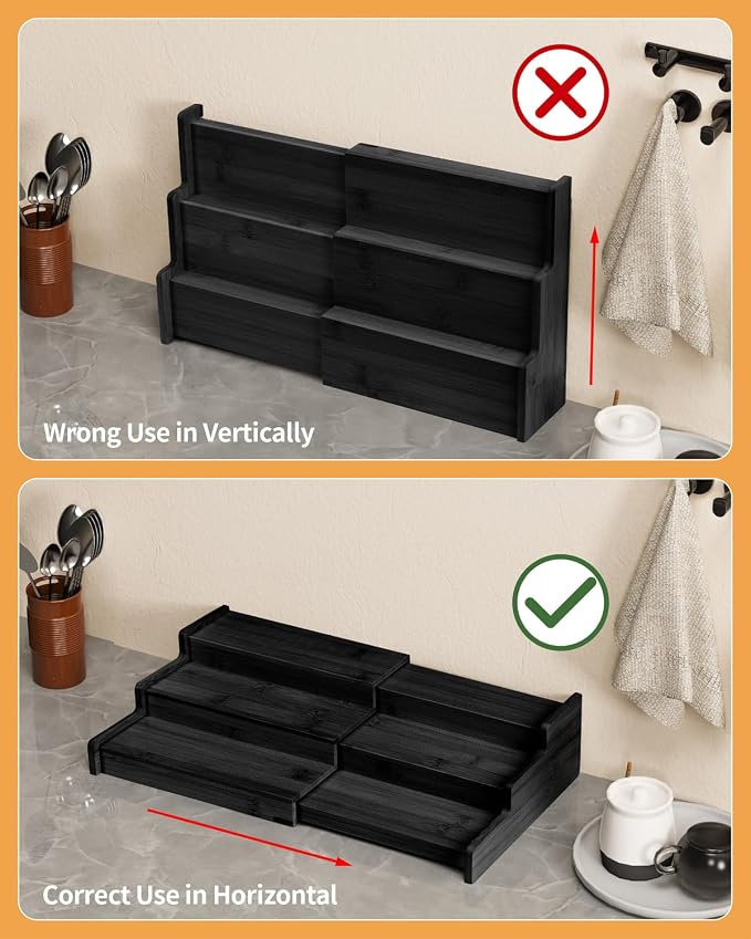 Spice Rack 3-Tier Natural Bamboo, Adjustable Cabinet Organizer Shelf | Expands 8.7-15.6"cabinets. Stepped design, labels visible.Storage organizer saves space, easy wipe. For spices, jars,cans. - Image 5