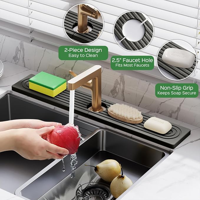 23.6 Inch Stone Faucet Mat for Kitchen Sink Splash Guard - Diatomite Quick Dry Stone Mat Kitchen Sink Protectors, Water-Absorbent Faucet Handle Drip Tray (Dark Gray, 23.6" x 3.9") - Image 3