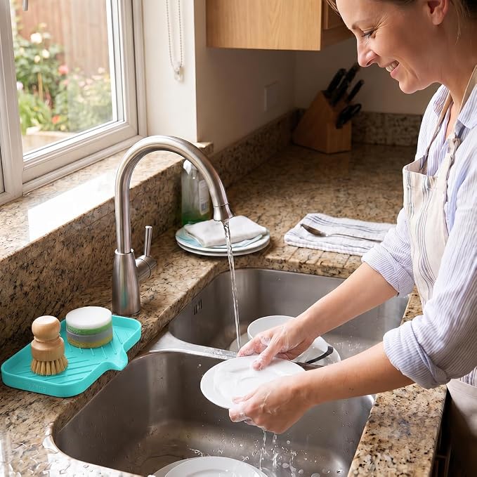 MicoYang Silicone Soap Dish with Drain Spout — Self-Draining Sink Organizer Tray for Bathroom & Kitchen, Sponges, Dispensers & Soap Holder, Non-Slip & Dishwasher Safe, Mint (Medium, 9.6"×5.3") - Image 5