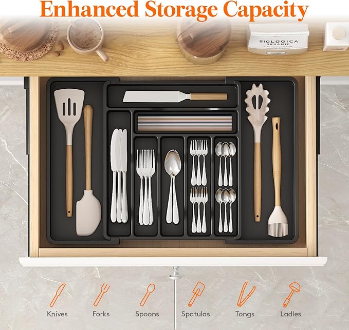 Lifewit Utensil Organizer for Kitchen Drawer, Expandable Cooking Silverware Tray, Adjustable Cutlery Flatware Holder, Plastic Spatula Tools Storage Divider, 13-22.4 x 15", Black - Image 2