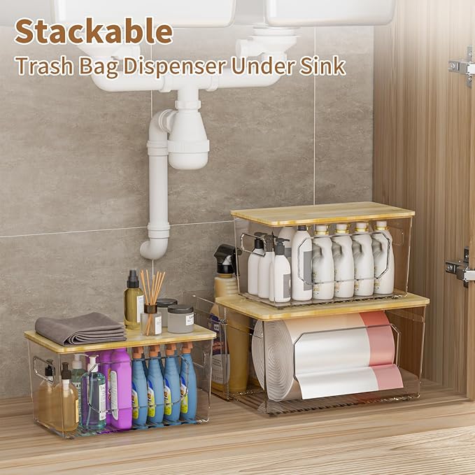 spospo Trash Bag Holder 2-in-1 Under Sink Organizer with Bamboo Lid | Acrylic Trash Bag Dispenser with Pull-Out Basket for Cleaning Supplies, Garbage Bag Holder for Kitchen Laundry Room Storage - Image 6