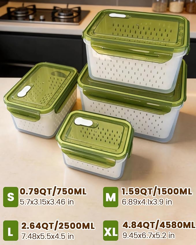 TBMax 8 Pieces Airtight Fruit Storage Containers for Fridge with Air Circulation Vent, 4 Pack Produce Saver with Colander for Berry Lettuce Salad Vegetable Storage, Refrigerator Organizers- Green - Image 3