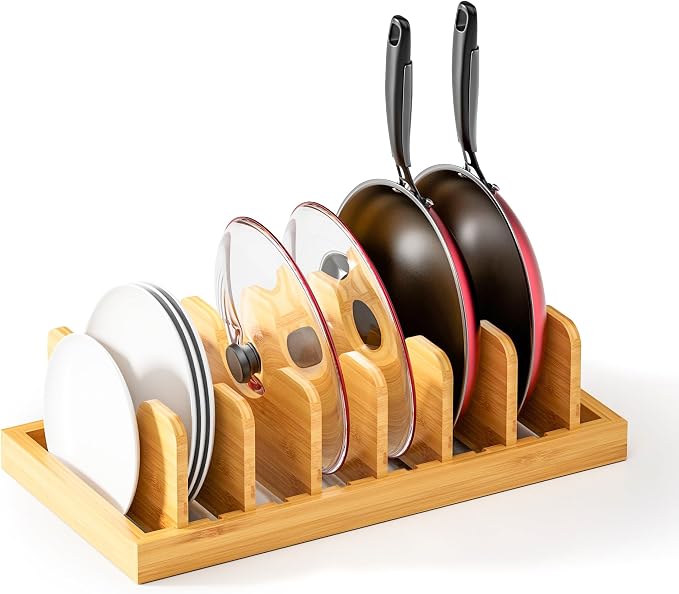 Bamboo Pot Lid Organizer Pot Lid Holder, Pot and Pan Organizer Drawer Organizer for Pot Lids, Pans, Cutting Boards & Baking Sheets, Dinner Plates, Reusable Containers in Cabinet Storage by MinBoo