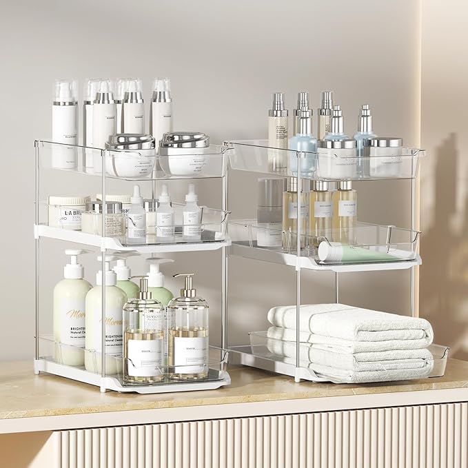 Delamu 2 Sets of 3-Tier Bathroom Under Sink Organizers and Storage, Multi-Purpose Stackable Pantry Organization and Storage, Pull Out Clear Kitchen Bathroom Cabinet Organizer with Movable Dividers | Storage - Image 2
